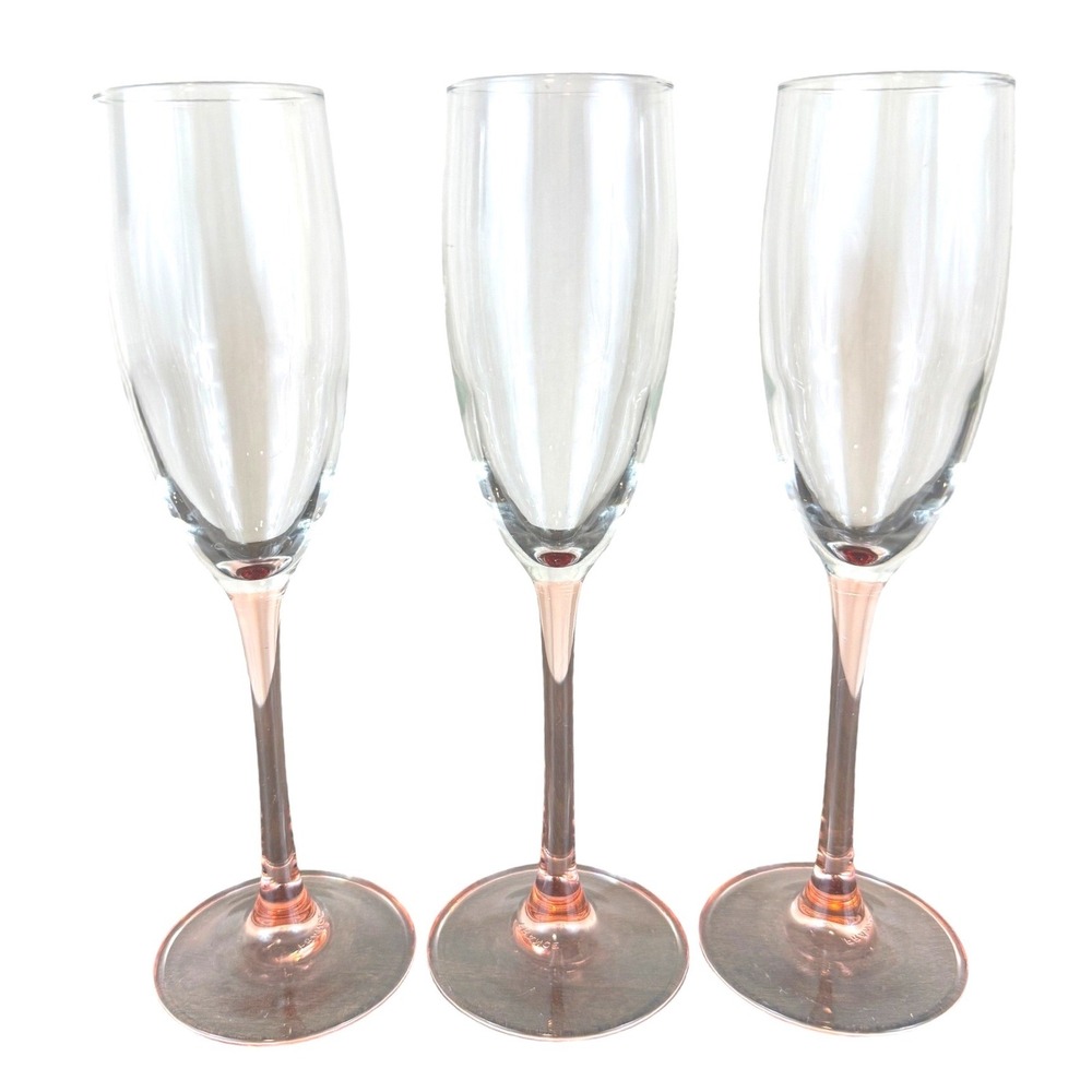 VTG 1980s Set of THREE Luminarc France Pink Stem Champagne Flutes 9" Tall